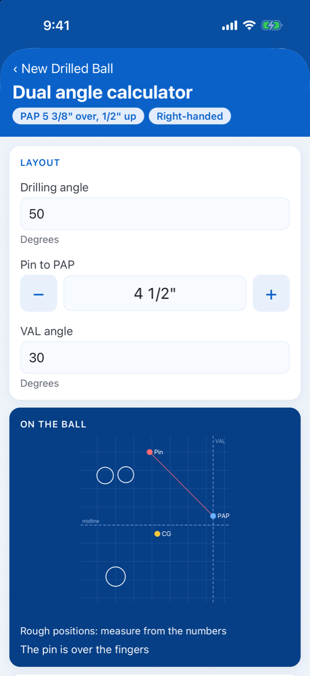 The dual angle calculator with a 50° × 4 1/2" × 30° Layout, and the pin, PAP and CG drawn on the ball